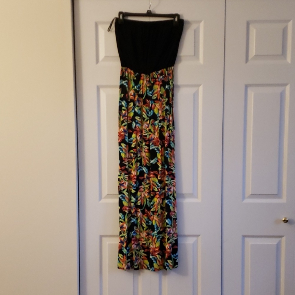 Black and floral strapless maxi dress